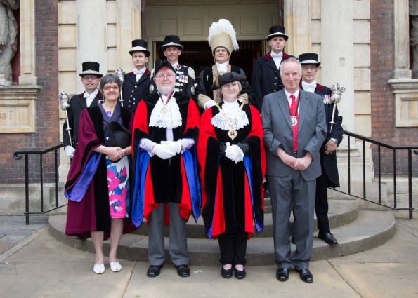 Group photo outside the Guildhall with Sword and Mace Bearers