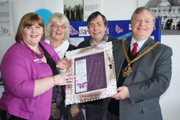 L to R: Tracey Anyon (DAWN project), Marilyn Furlong (Friends of KGV Playing Fields), Warndon resident George Davidge and the Mayor