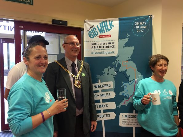 The Mayor of Worcester, Steve Mackay, with walkers Jude and Jane
