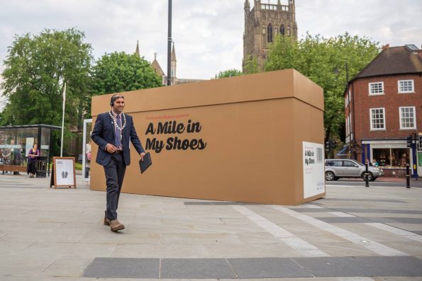 The Mayor visits the A Mile In My Shoes exhibit at Cathedral Square
