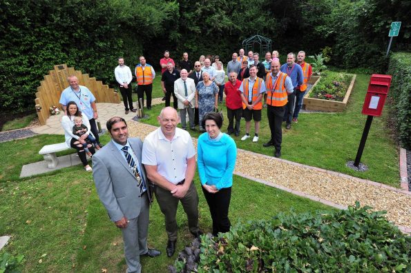 The official opening of the Royal Mail Memorial Garden at the Worcester Delivery Office, Shire Business Park, Worcester.....The Mayor of Worcester, Coun Jabba Riaz with Plant Manager Glenn George (Centre), Rev Diane Cooksey and guests at the opening. Pic Jonathan Barry 5.6.18