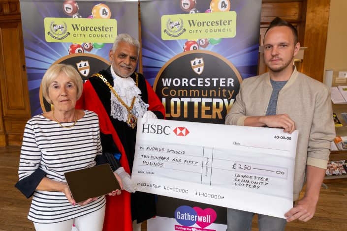 The Mayor presents prizes to winners of the Worcester Community Lottery