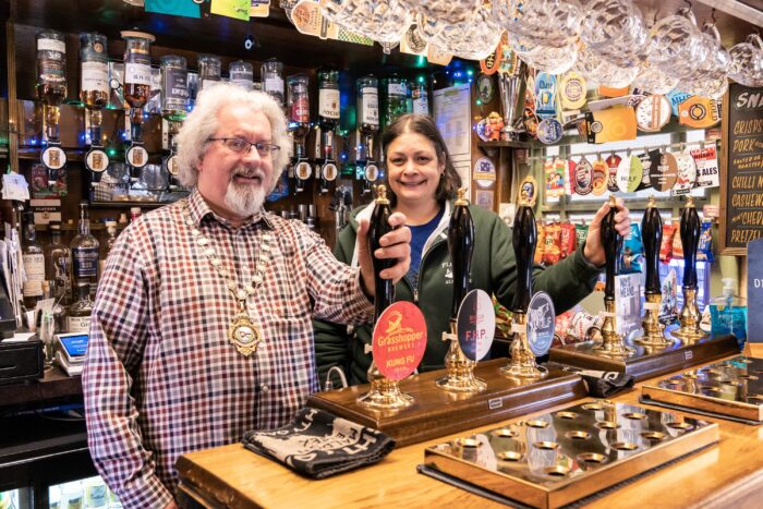 The Mayor launching his Mayor-ale trail with Catherine Verman, landlord of The Plough in Fish Street, a Grade II Listed building that is one of Worcester’s oldest traditional pubs. 