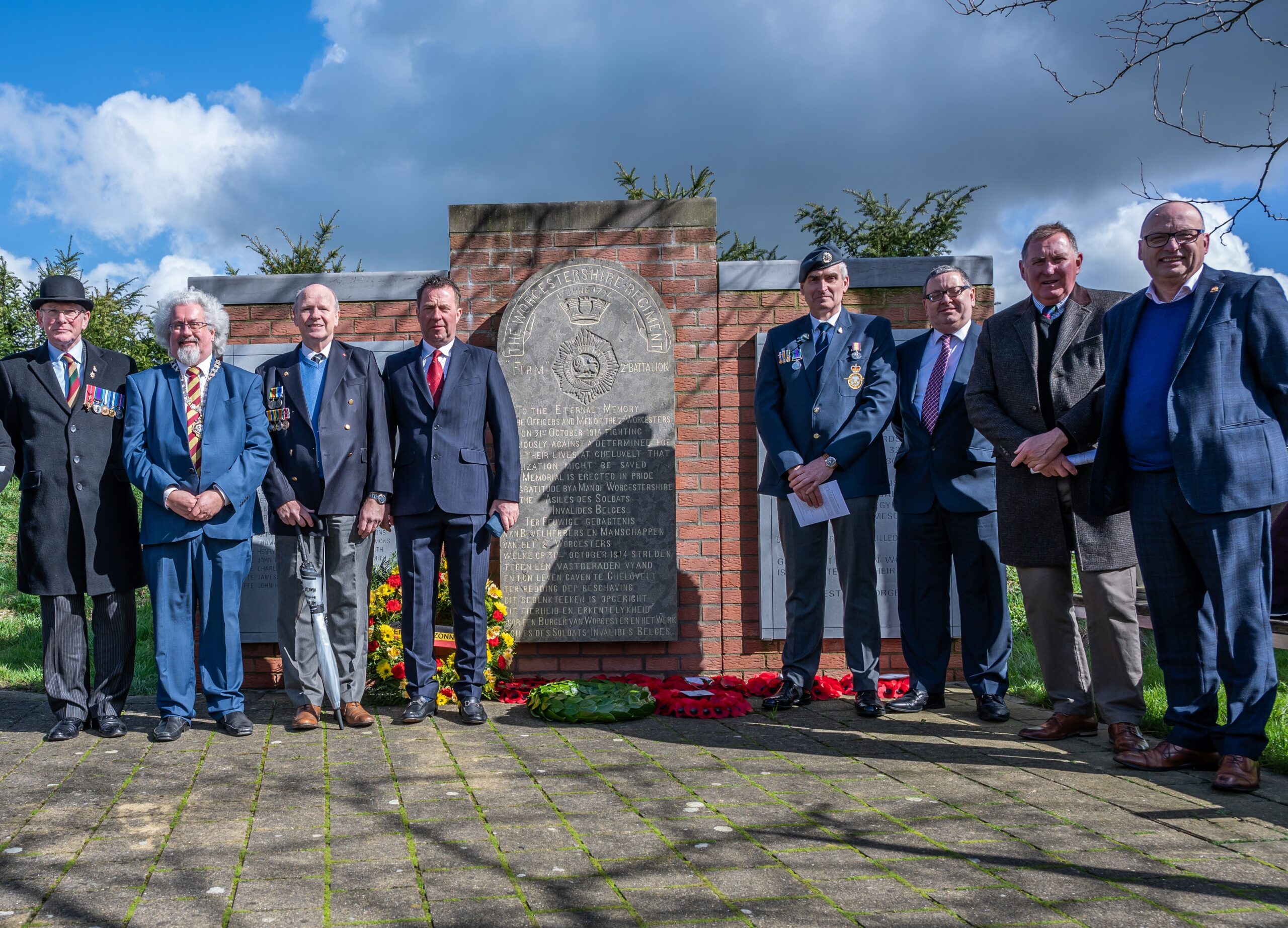 The Mayor (second from left) with the Worcestershire Ambassadors at the expanded and re-dedicated Worcestershire regiment memorial in Geluveld, Zonnebeke. Photo: Eric Compernolle