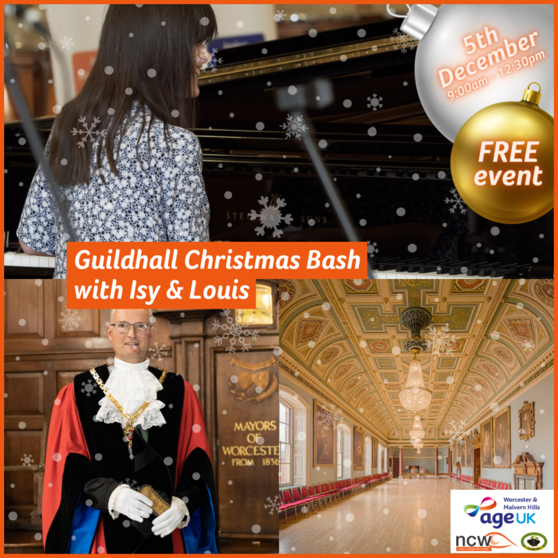 Promotional flyer for the "Guildhall Christmas Bash with Isy & Louis" on 5 December, 9am-12.30pm. Free admission. Images of pianist Isy at her piano, the Mayor in his ceremonial robes and the Assembly Room in the Guildhall