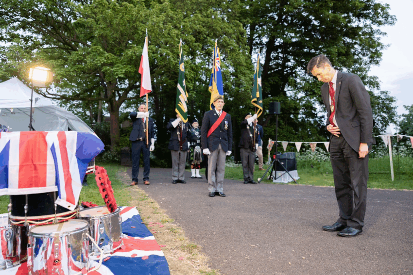 Councillor Dr Matt Lamb at the commemoration event at Fort Royal Park marking the 80th anniversary of VE day