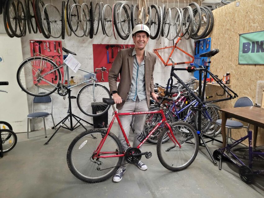 The Mayor of Worcester with a bike