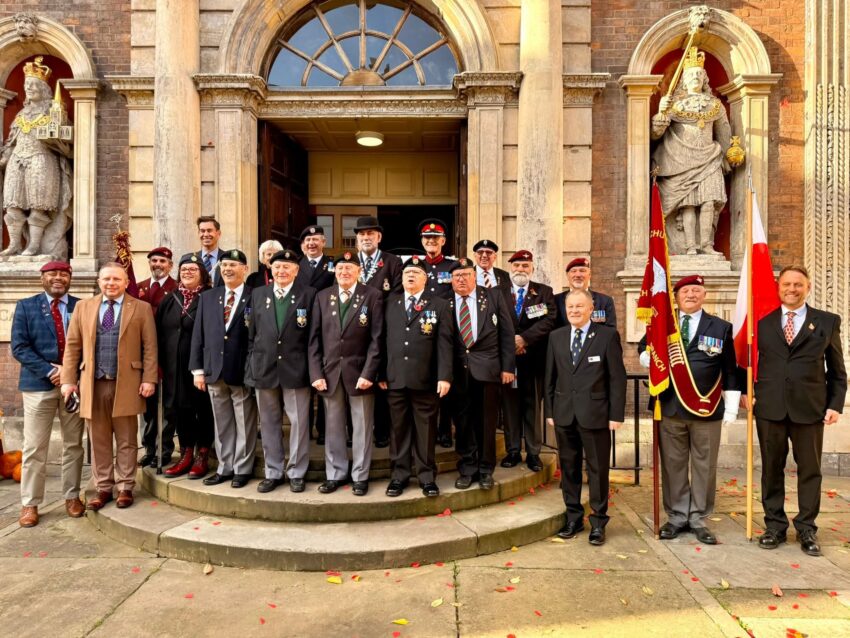 The Mayor and military veterans on the steps of the Guildhall at the Poppy Appeal launch event