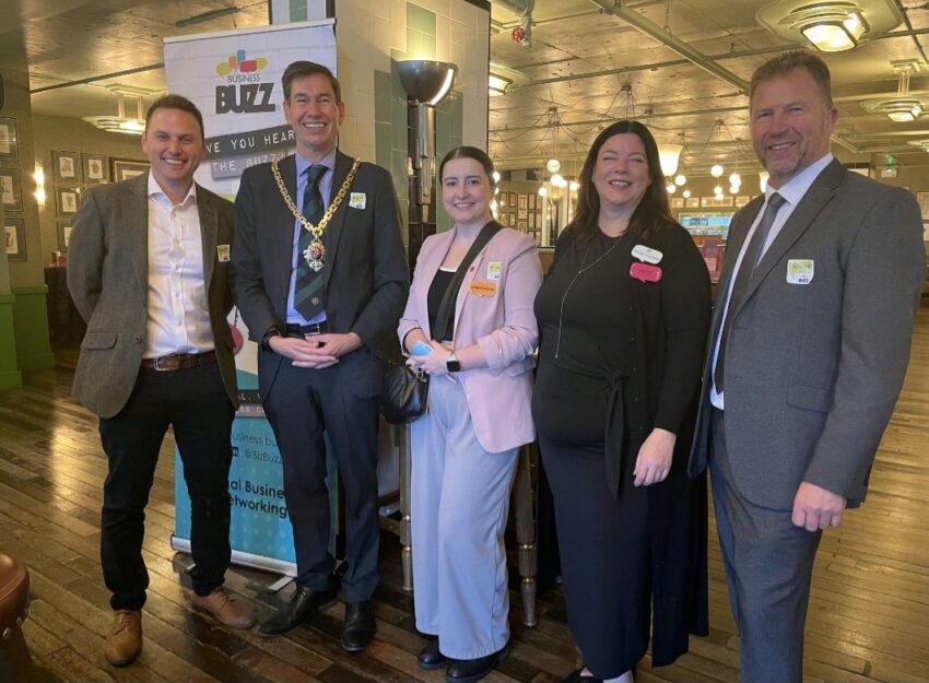 The Mayor of Worcester with people at the Business Buzz Worcester event