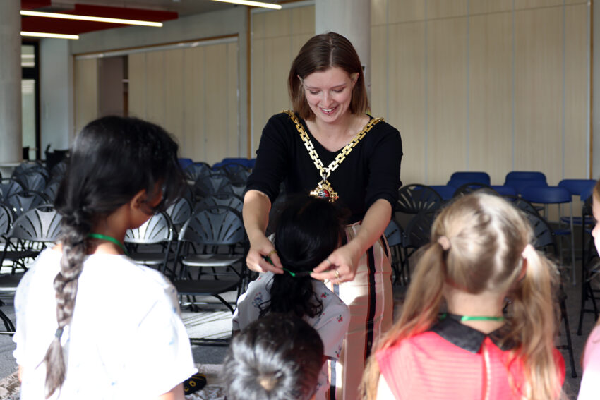 The Mayor presenting prizes for the Summer Reading Challenge